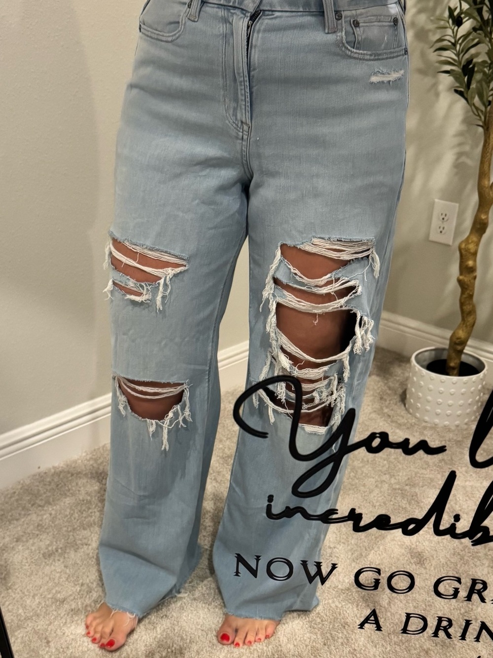 NWT- American Eagle Light Blue Distressed Wide-Leg Jeans - Women